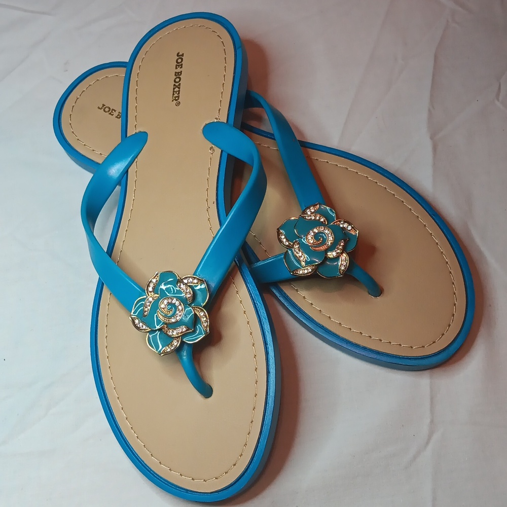 JOE BOXER Flip Flops Sandals Turquoise Teal Blue Metal Blue Flower w Rhinestone